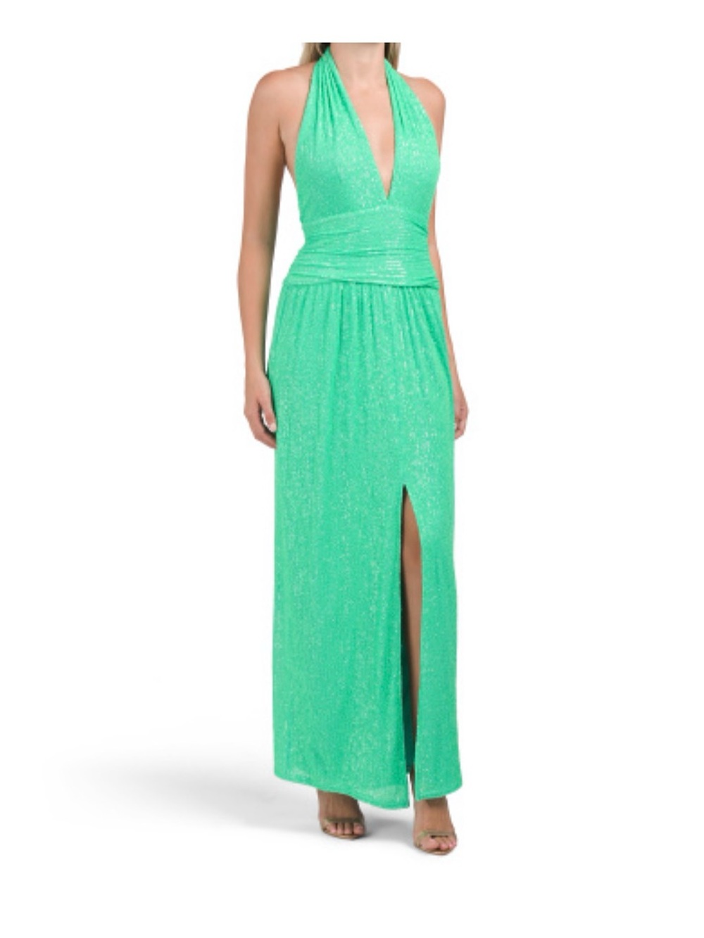 Sho by Tadashi Shoji Sasha Green Sequins Halter V-Neck Maxi Dress